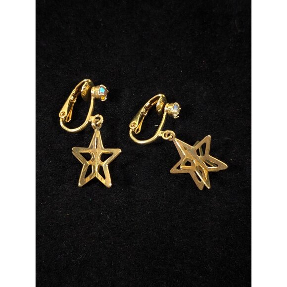 Vintage Gold Tone 3D Star AB Rhinestone Dangle Clip On Earrings - Picture 6 of 7